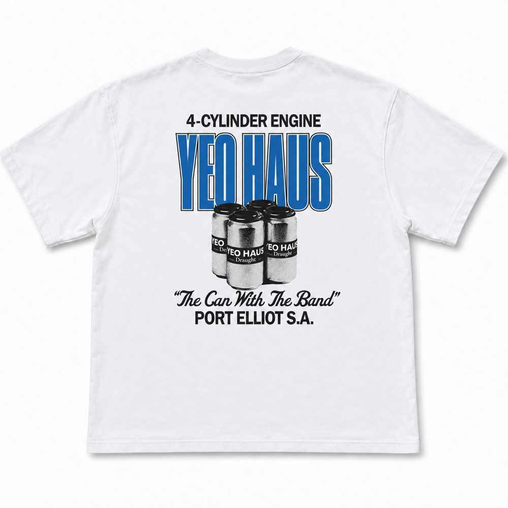 White 4 Cylinder tee back with blue Yeo Haus lettering and four beer cans