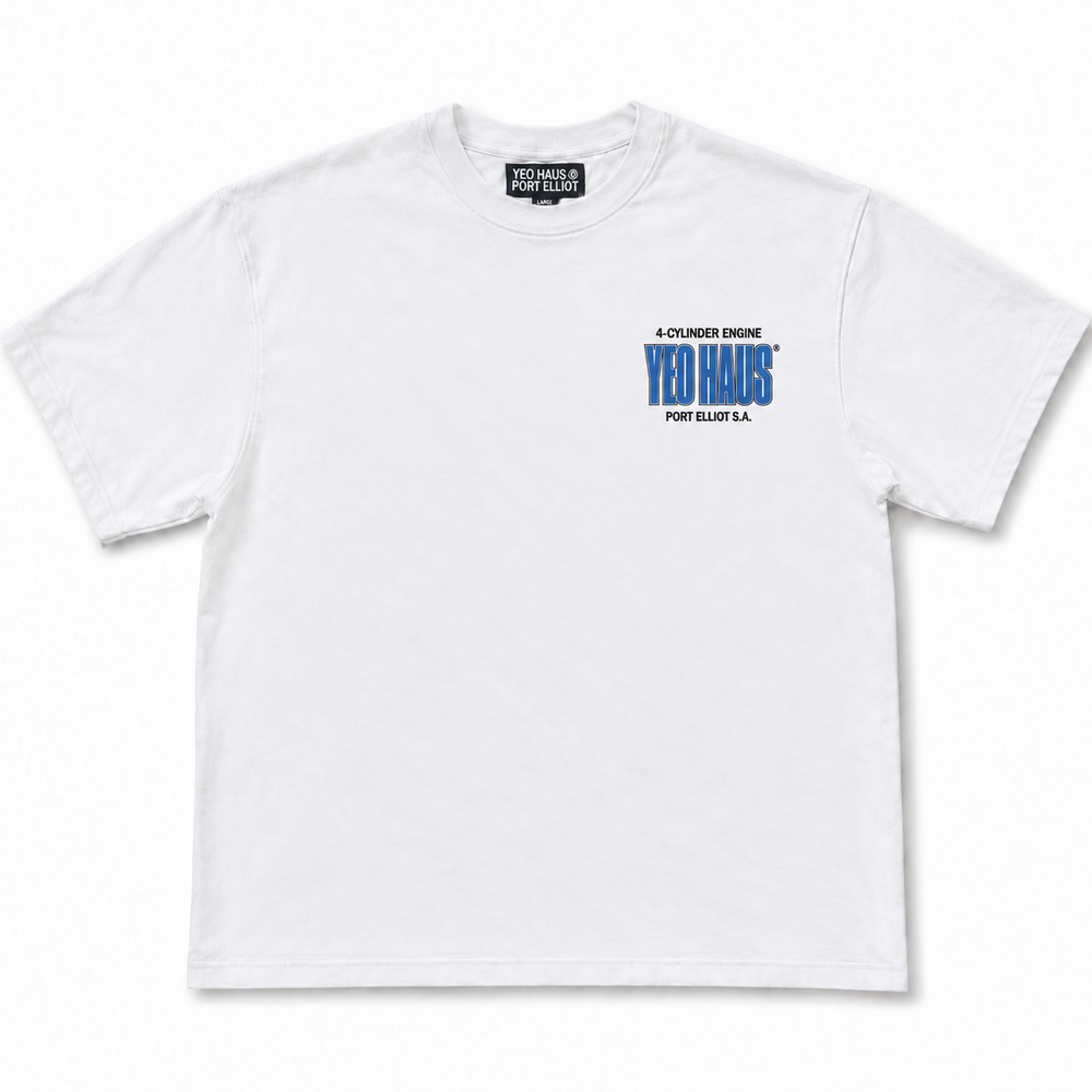 White 4 Cylinder tee front with small blue left chest print